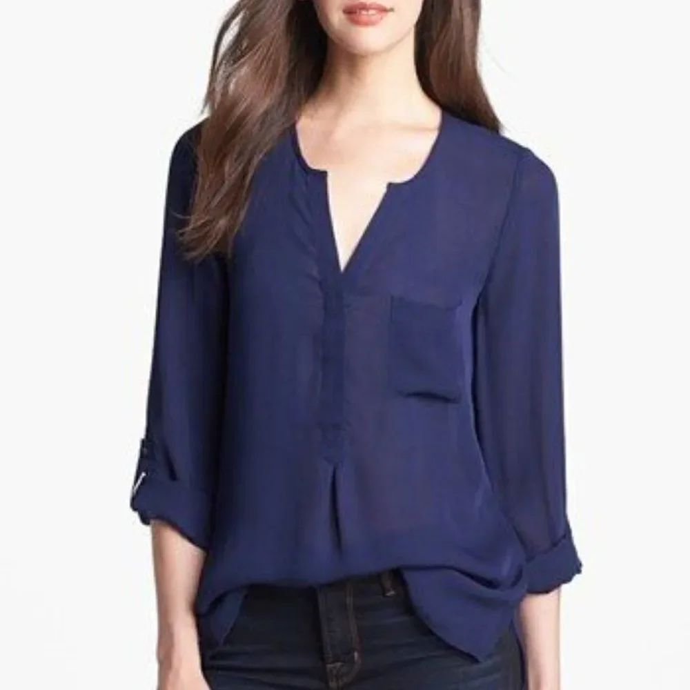 Joie Venicia Pocket-Front Silk Blouse size XS in Navy